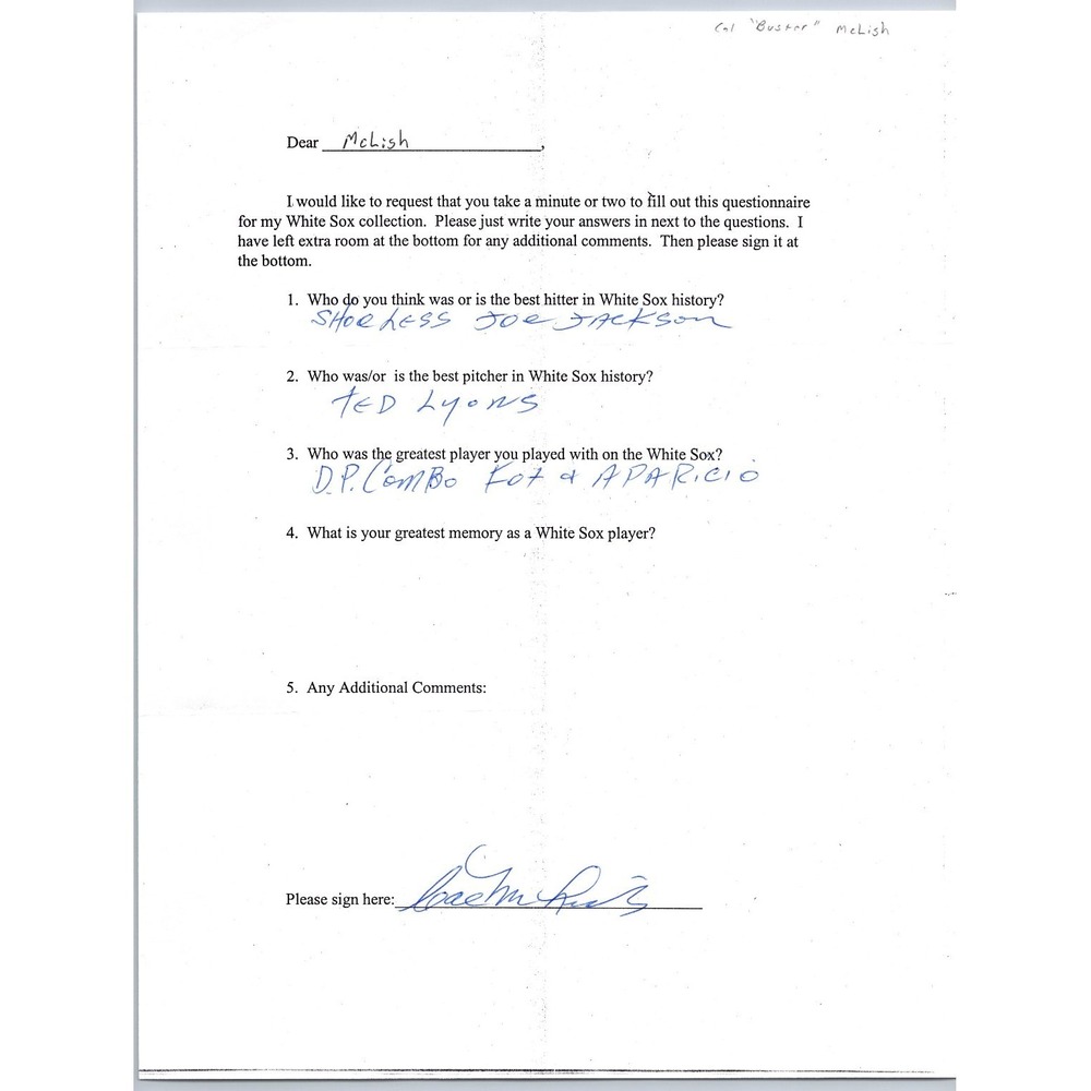 Johnny Rigney Autograph Signed White Sox Baseball Questionnaire Shoeless Joe Fox